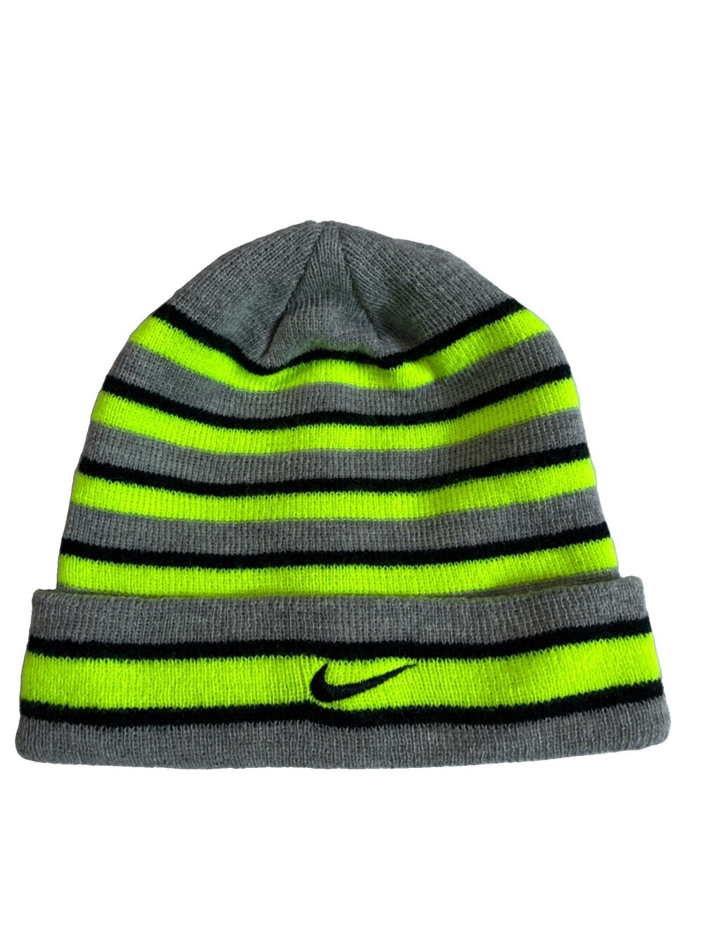 Nike Youth Beanie Gray Neon Yellow Striped Knit Winter Hat Swoosh